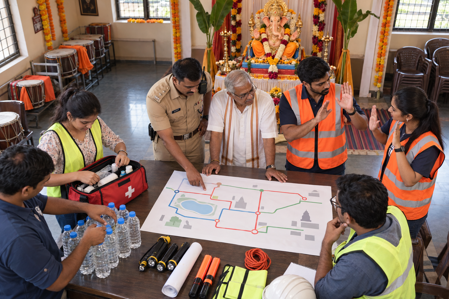 Procession organisers review an unlabelled route diagram while volunteers prepare first-aid supplies, water and safety equipment beside a Ganesha murti.
