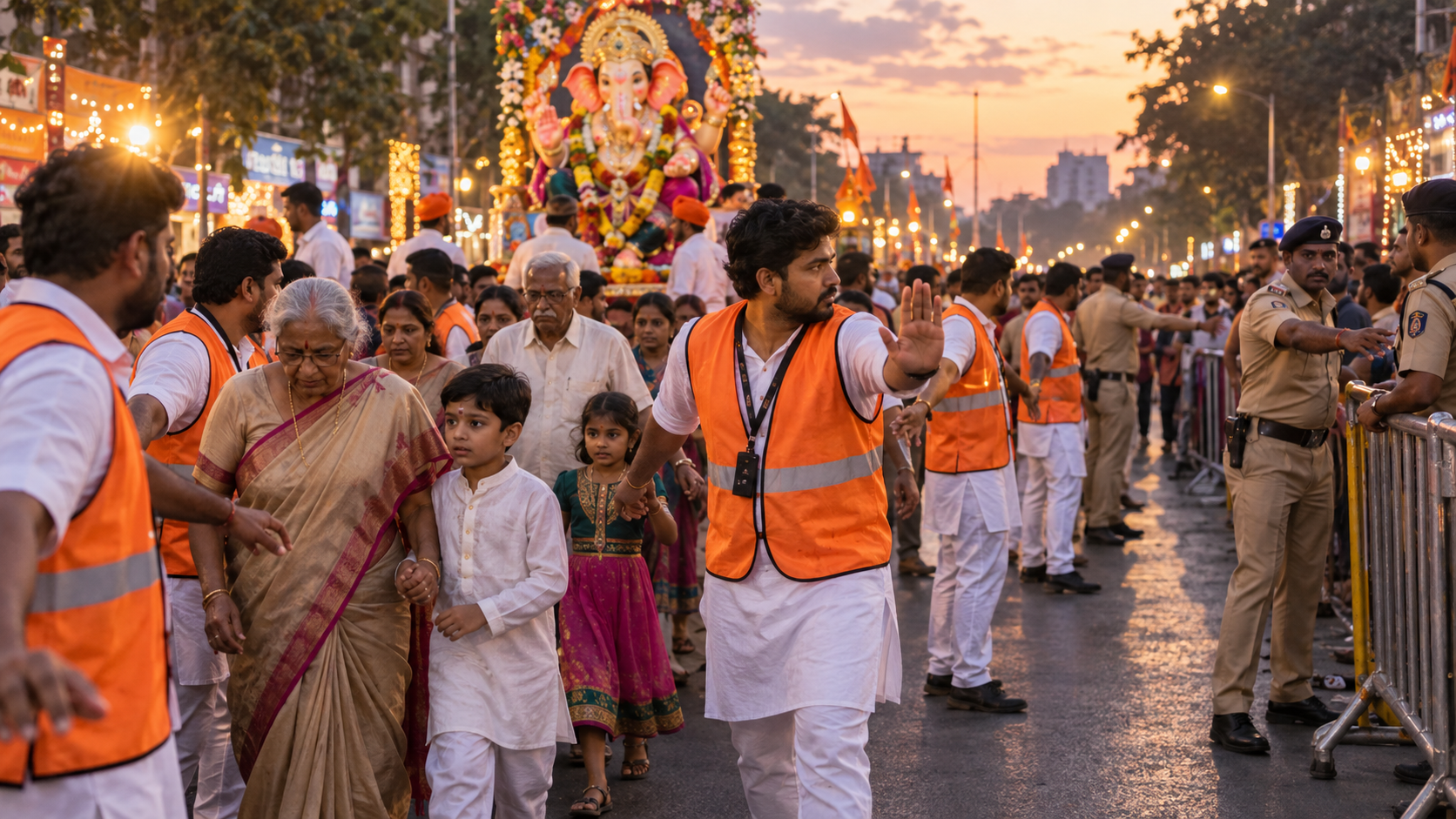 Volunteer stewards form a protective corridor for families and the Ganesha murti while police clear space during a procession disruption.
