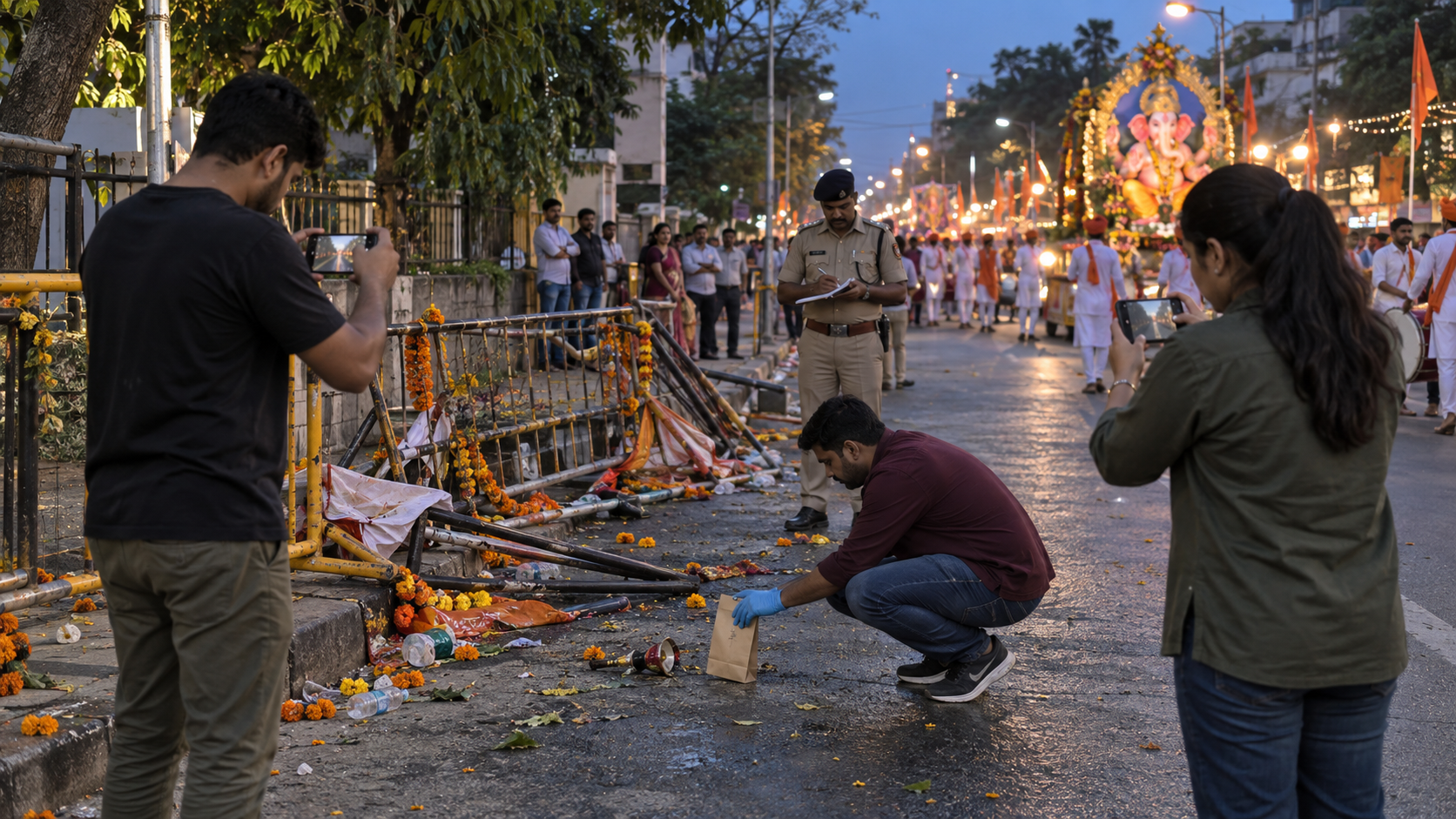 Volunteers photograph disturbed barriers and decorations from a safe distance while a police officer records details and the procession continues farther down the street.