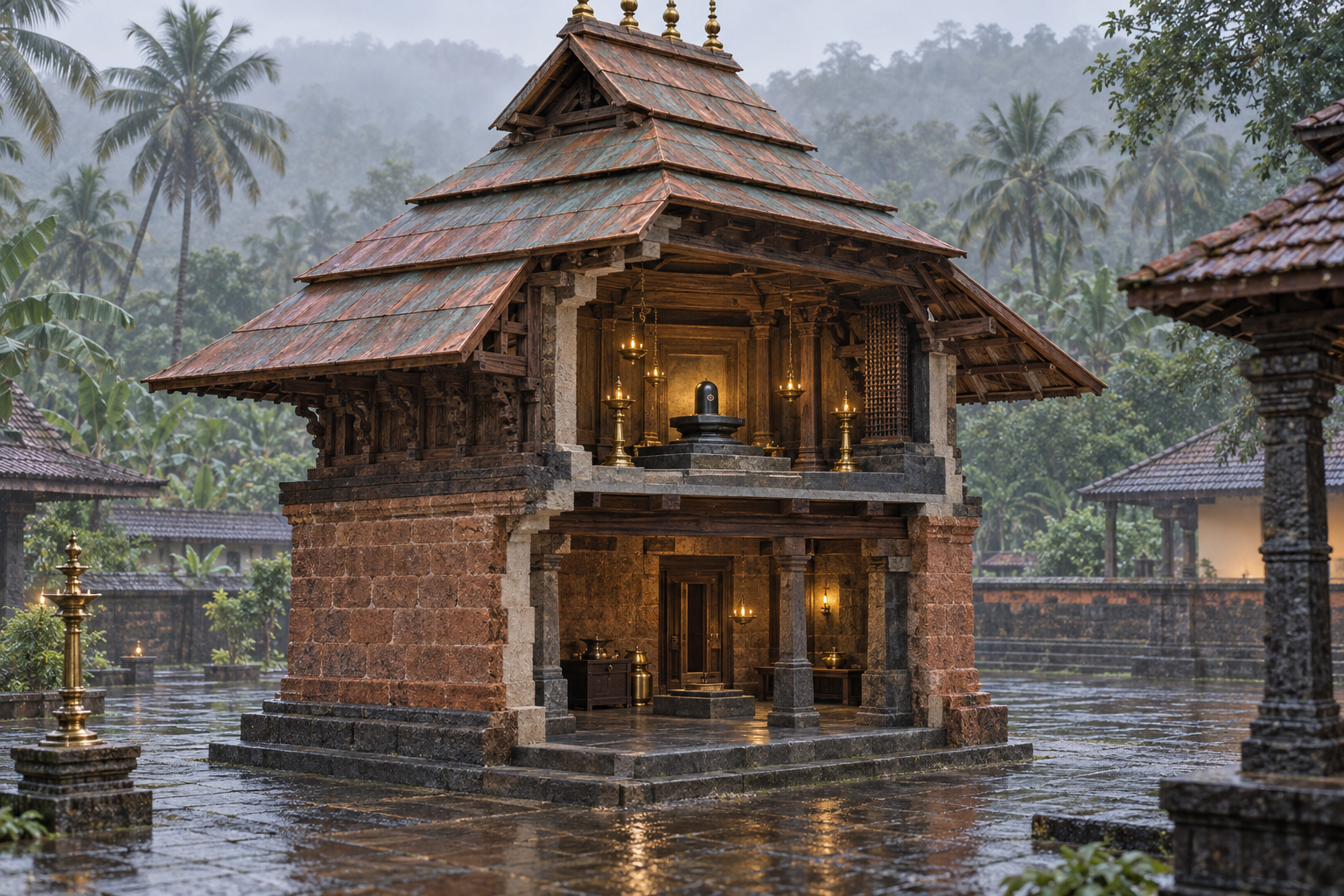 Cutaway view of a traditional Kerala temple sanctum with a lower chamber, an upper shrine containing a stone lingam, and a tiered roof above both floors.