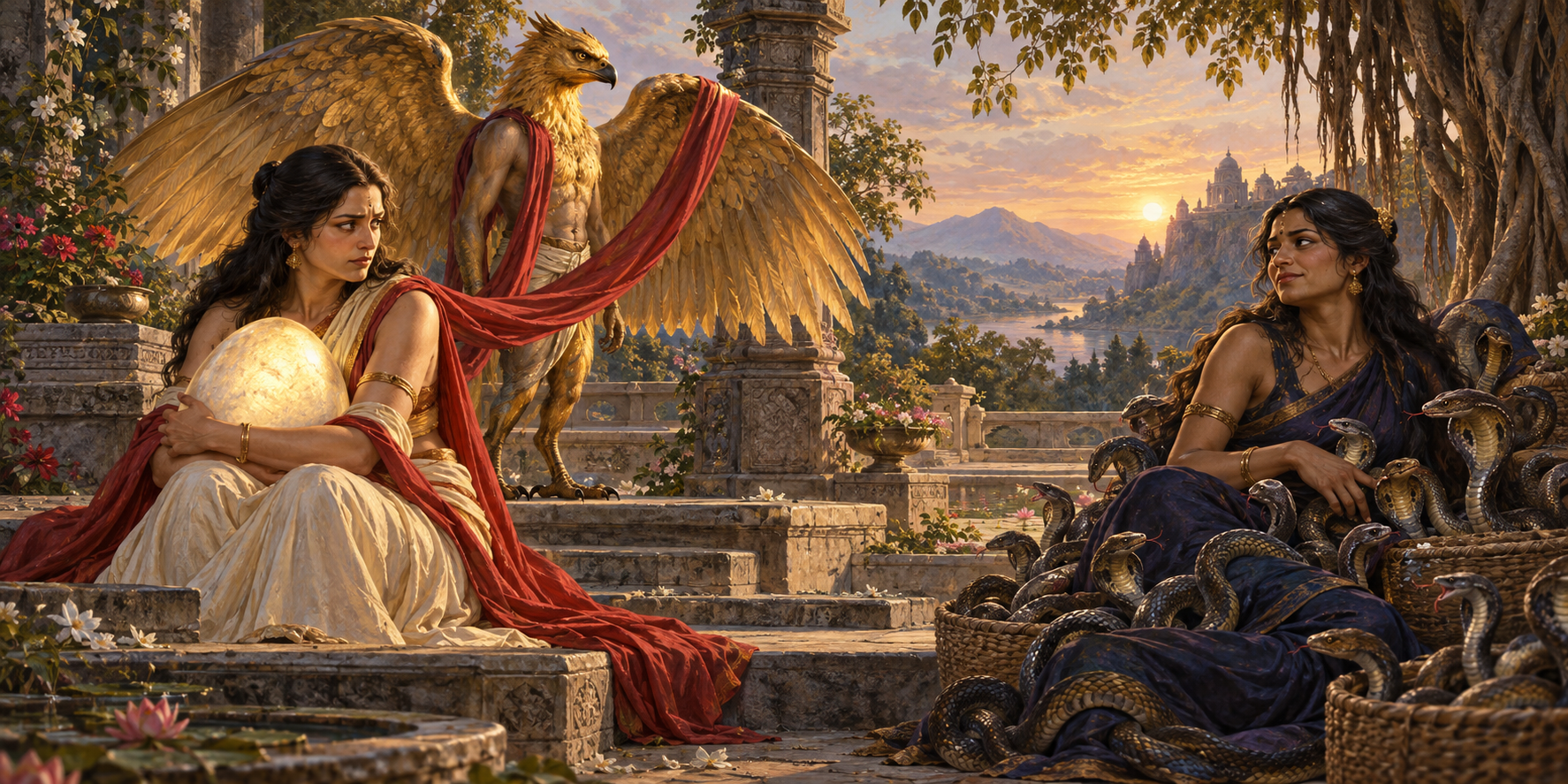 Vinata holds a glowing egg while looking toward Kadru and her serpent children, with the golden-winged Garuda standing between them under a trailing red cloth.
