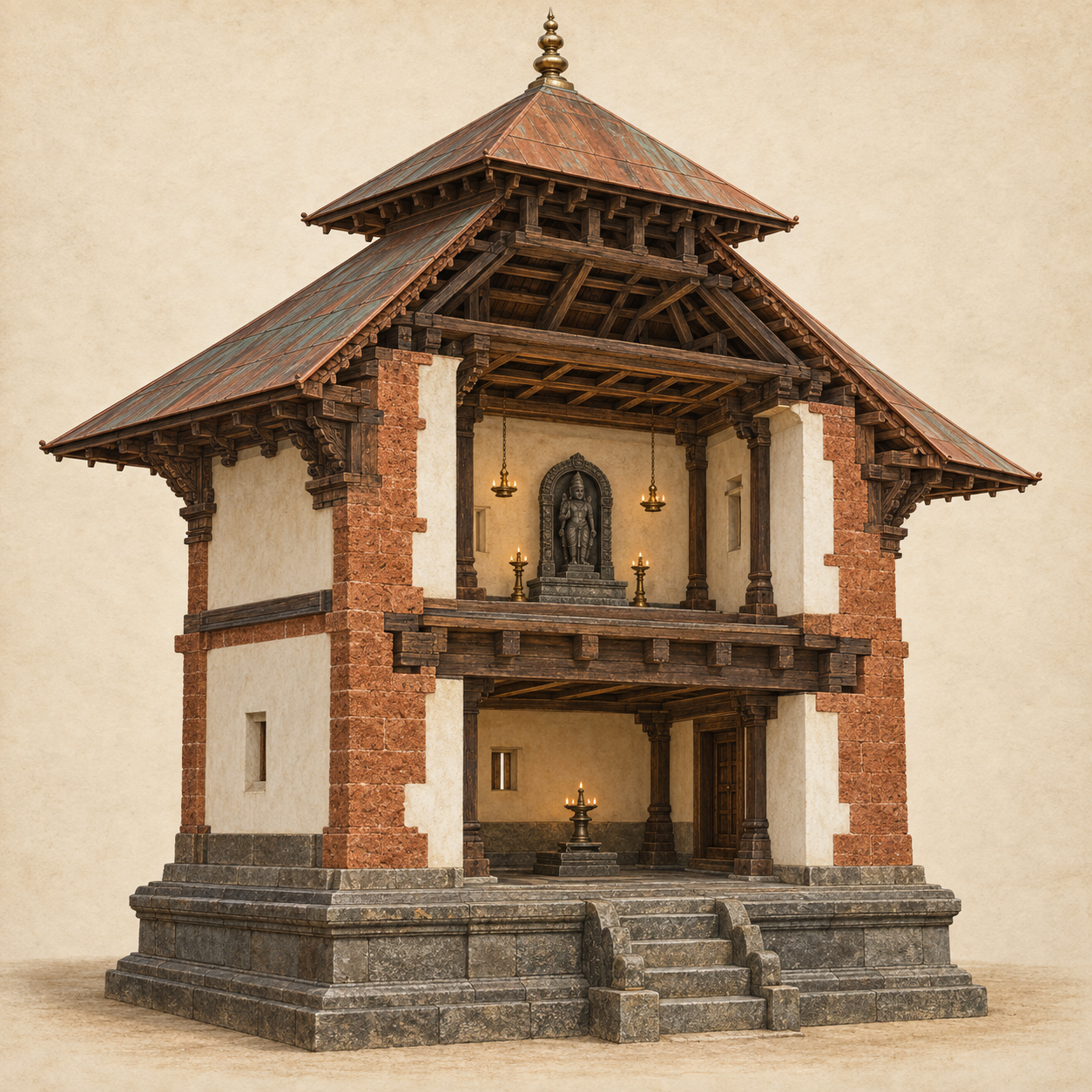 Architectural cutaway separating a Kerala temple's lower chamber, timber floor, upper sanctum, ceiling structure, and tiered roof.