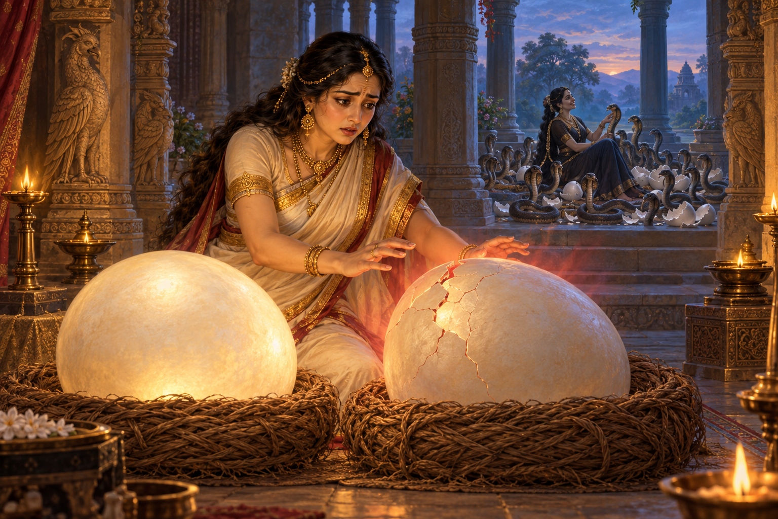 Vinata reaches toward a newly cracked luminous egg while a second egg remains intact and Kadru appears in the distance among many young serpents and empty shells.