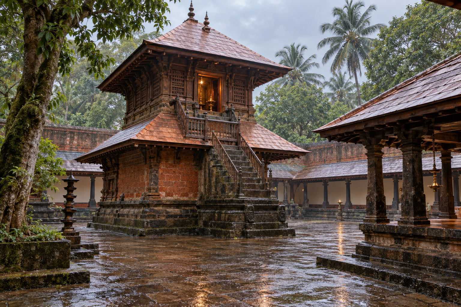 Reconstructed Kerala temple courtyard centered on a two-level sanctum with an elevated sacred chamber and layered copper-clad roof.