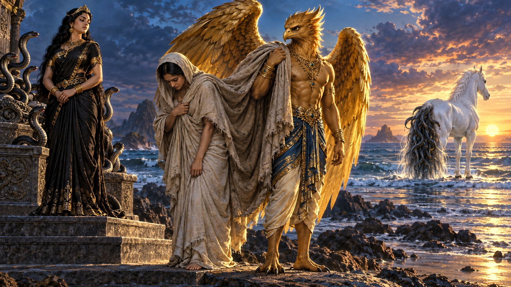 A white celestial horse with a serpent-darkened tail stands behind Kadru and the defeated Vinata as golden-winged Garuda lifts part of his mother's heavy mantle.