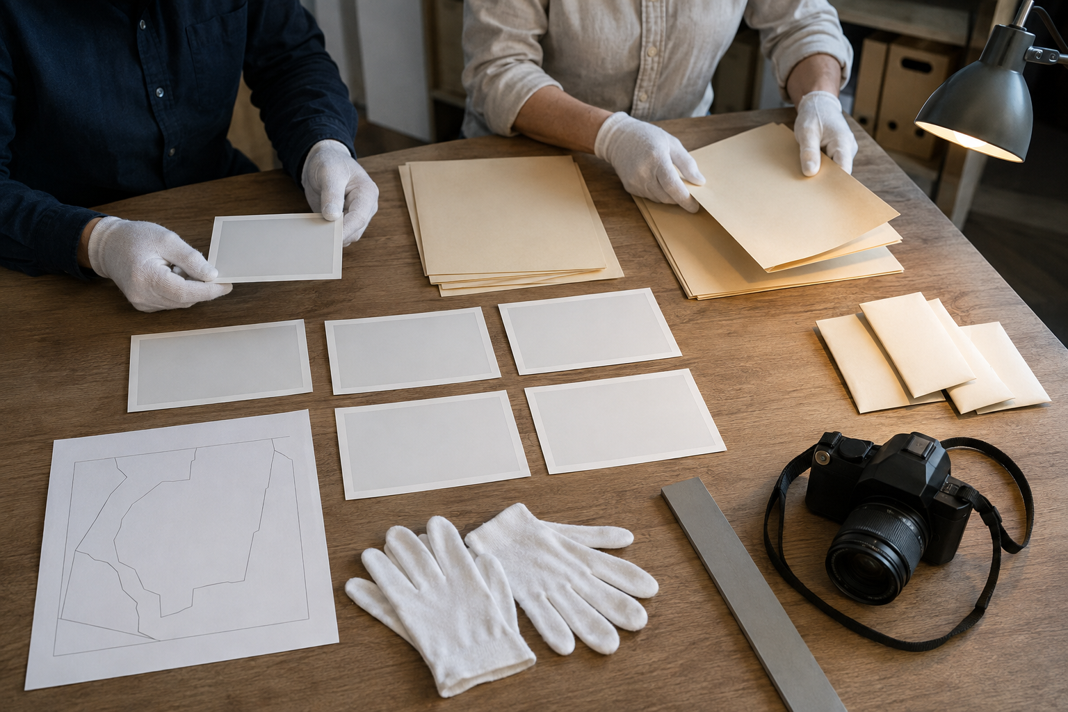 Two researchers organize blank photographs, archival folders, measuring tools, gloves and a camera on a documentation table.