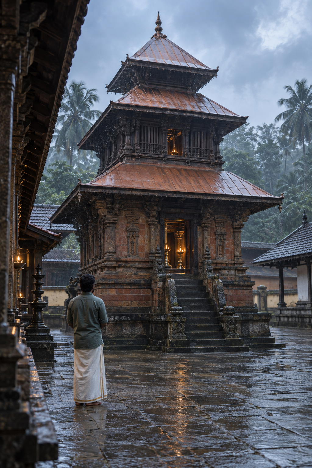 Visitor observing a Kerala temple sanctum whose upper shrine level and tiered roof are visibly separate parts of the building.
