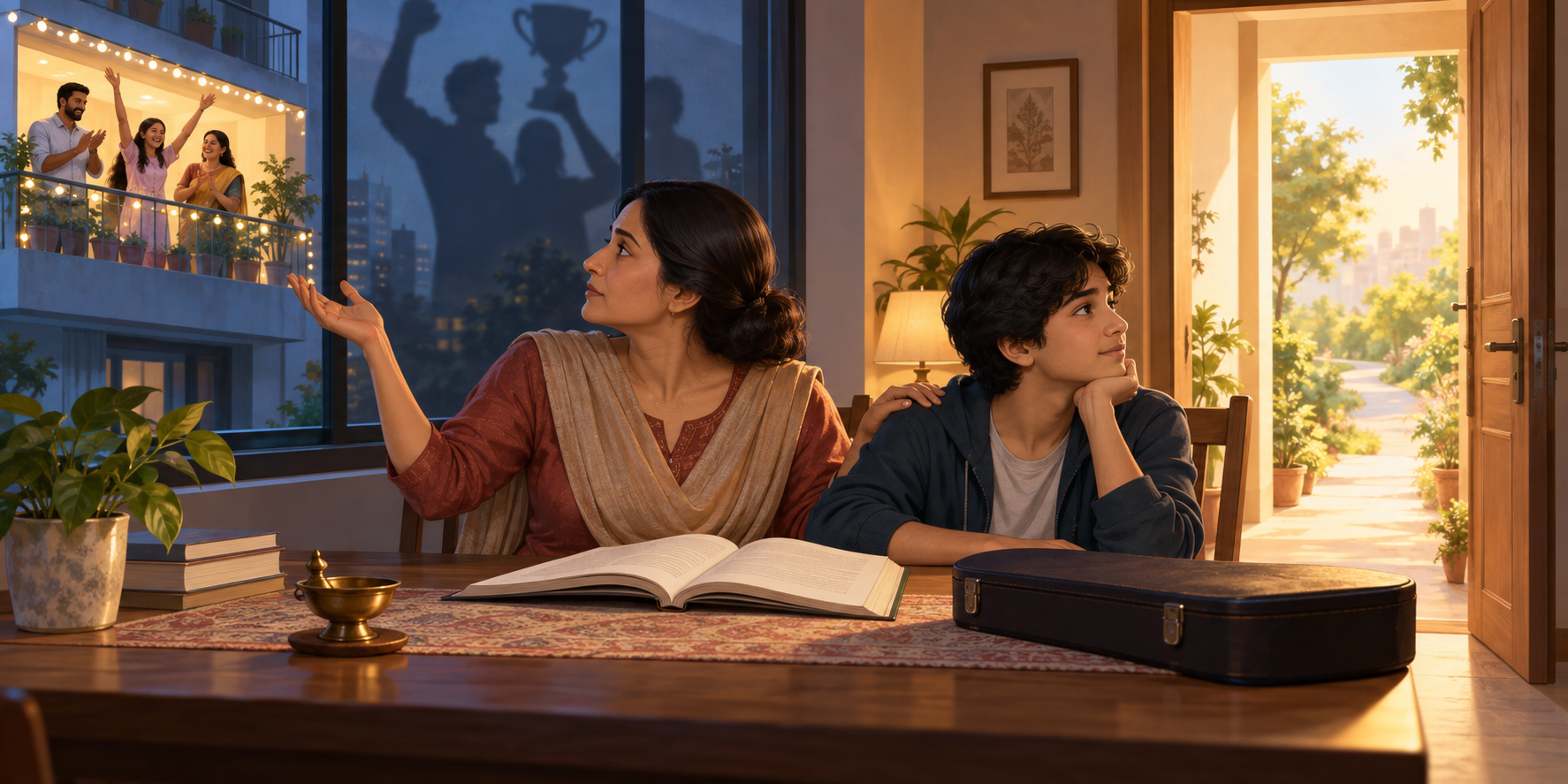 A mother points toward a celebrating family on a neighboring balcony while her teenage child looks through an open doorway toward a sunlit path.
