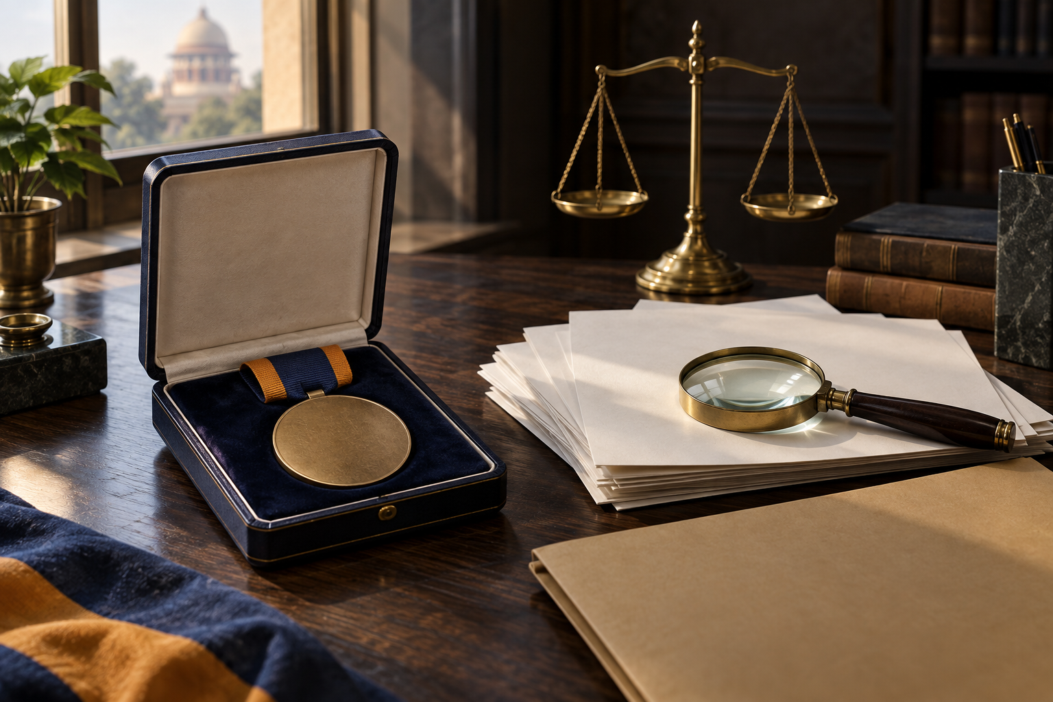 A generic ceremonial medallion in an open case beside an unmarked petition folder, evidence papers, a magnifying glass, and balanced scales.