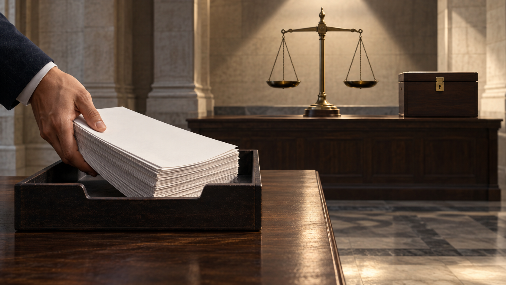 An anonymous hand places petition papers in a tray separated from balanced scales and an empty decision box.