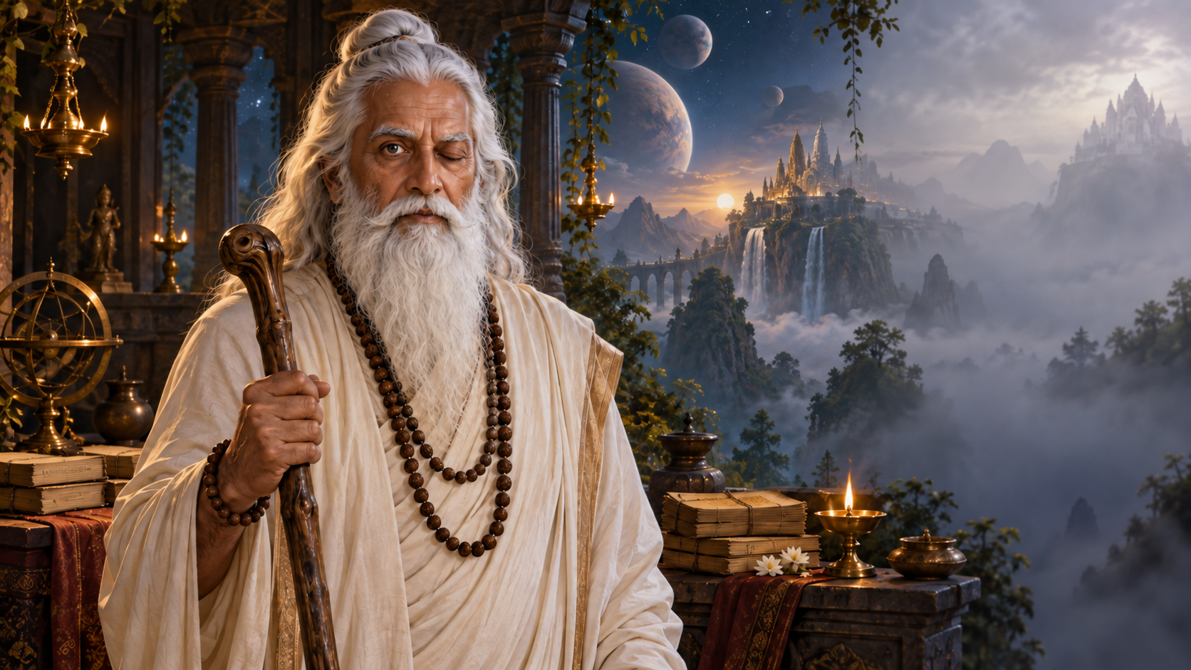 Mythic portrait of Shukracharya with one open eye in a celestial hermitage, surrounded by lamps and palm-leaf manuscripts as part of the landscape fades into mist.