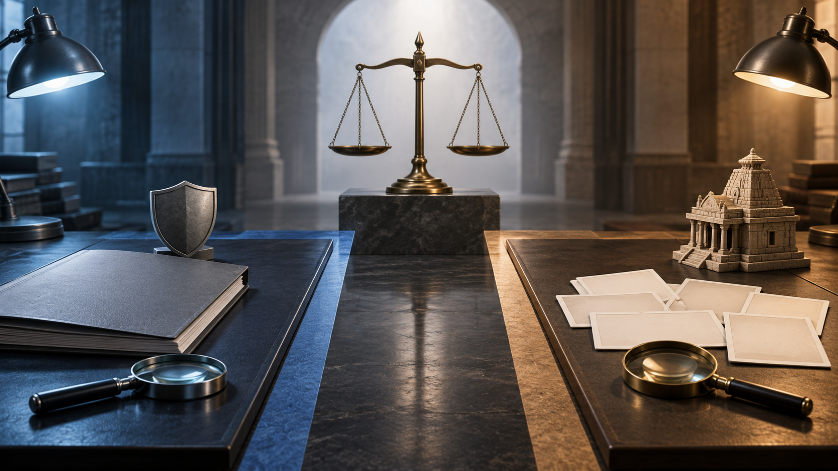 Two separate evidence tables, one with a security dossier and one with a small temple model, lead toward balanced scales.