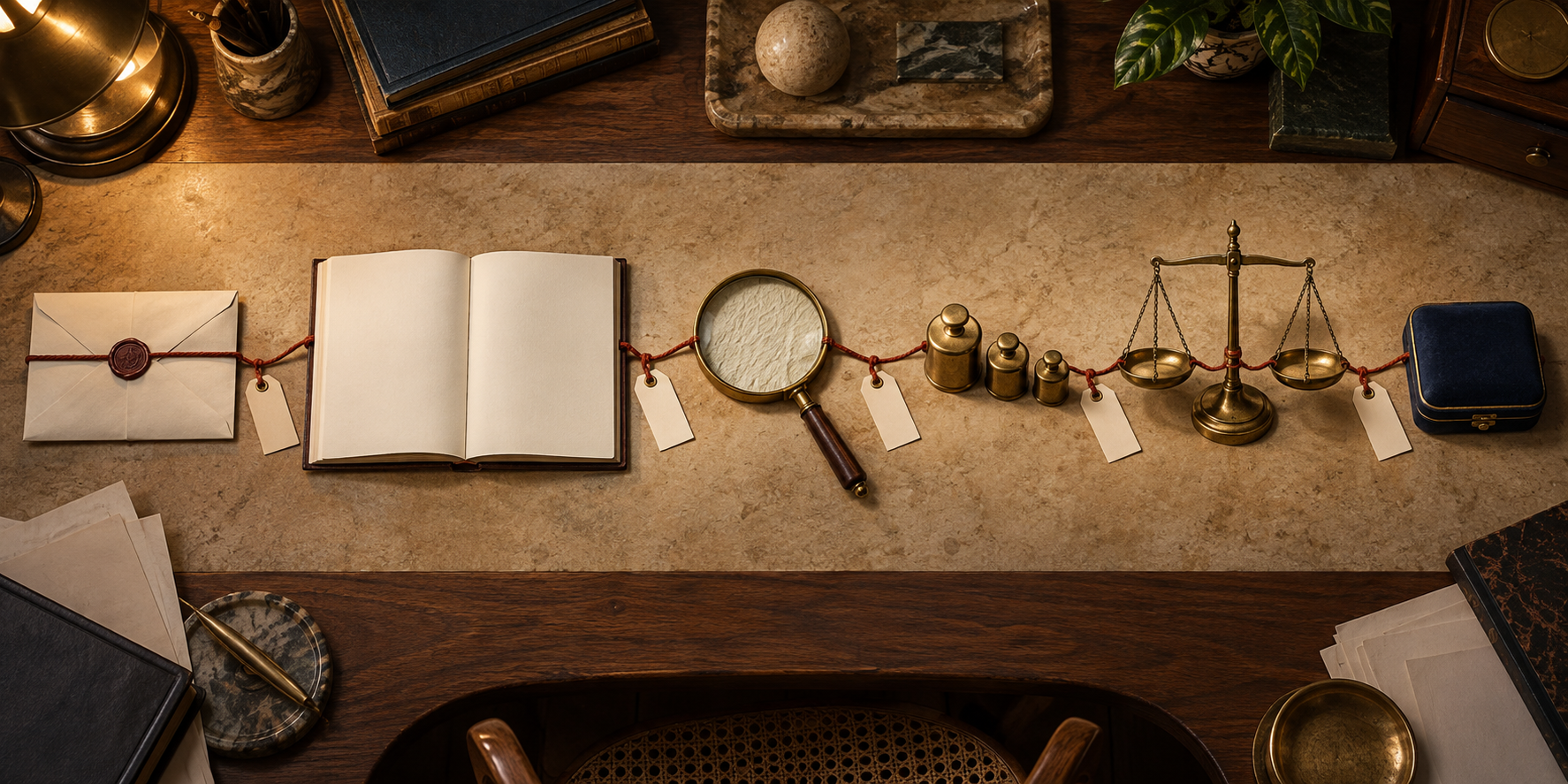 A source envelope, document, magnifying glass, calibration weights, scales, and a medallion case form a connected evidence sequence on a desk.
