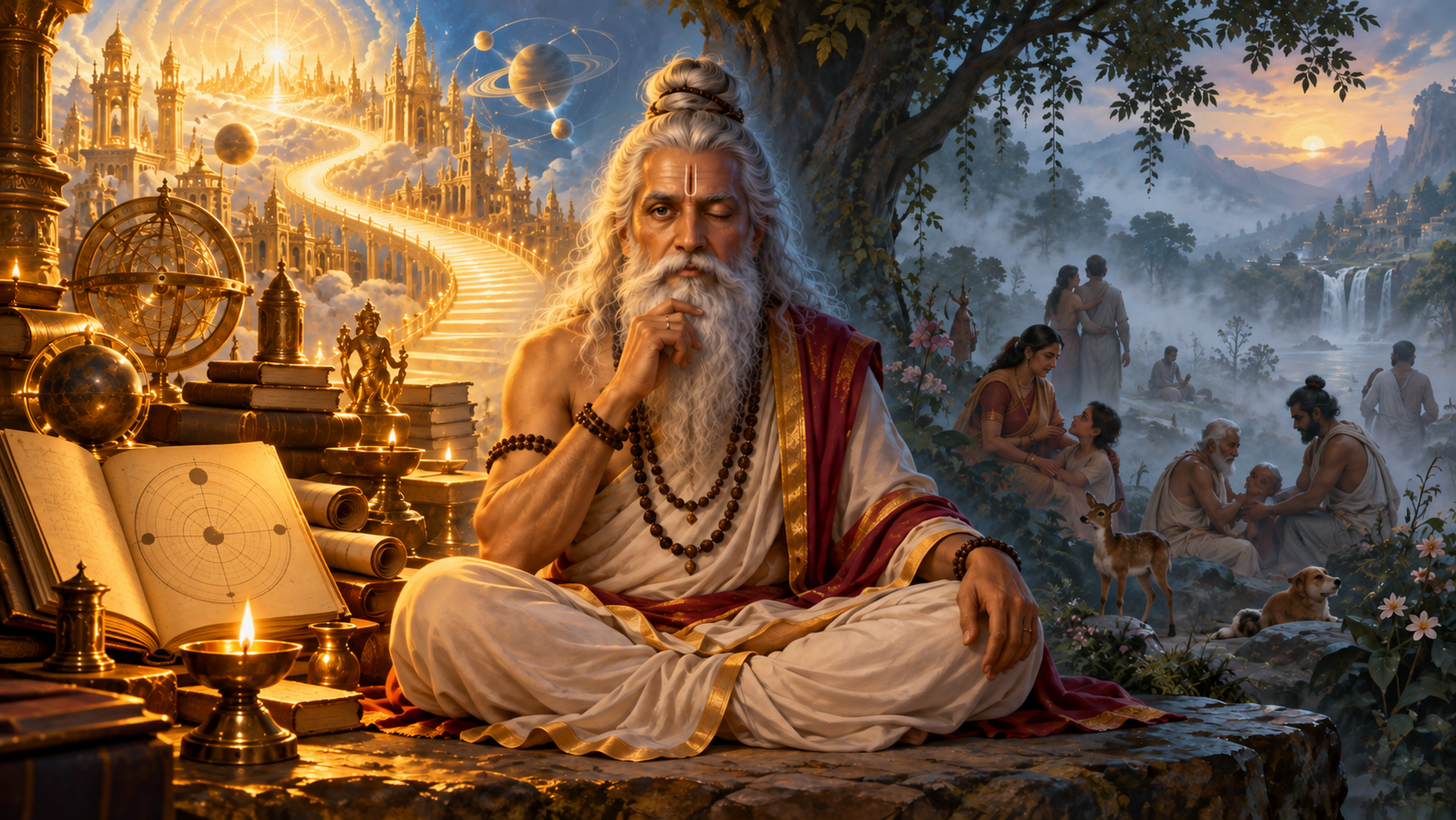 Shukracharya meditates between a sharply illuminated realm of knowledge and a mist-covered grove representing what lies outside his view.