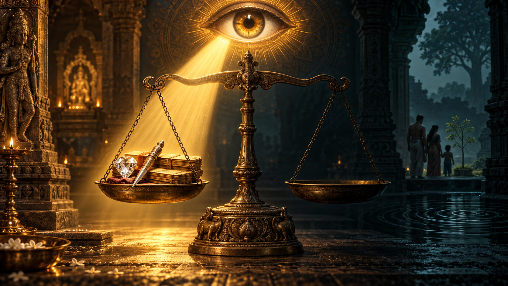 A luminous eye casts a narrow beam over manuscripts and a gemstone while people, a sapling, and water ripples remain in shadow beside a bronze balance.