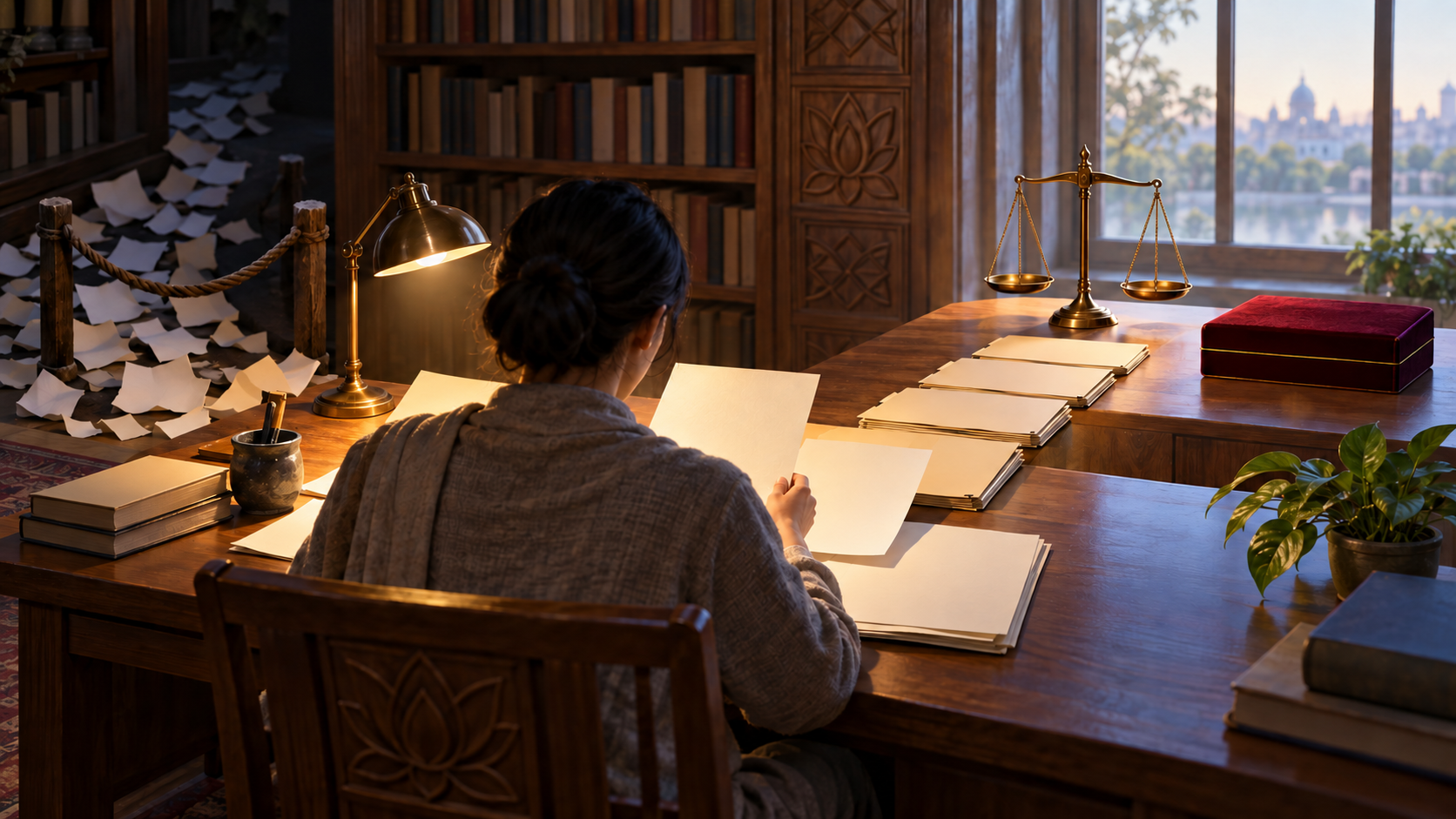 An anonymous researcher compares source documents while loose scraps remain apart from an orderly path toward scales and a closed honour case.