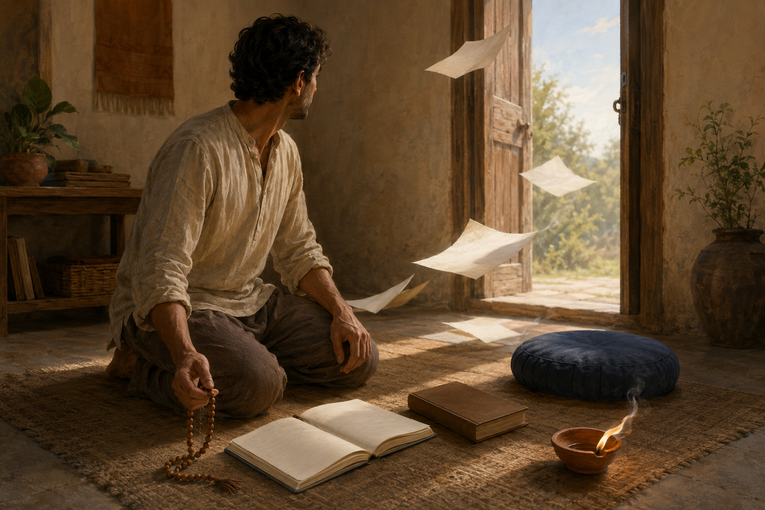 A kneeling seeker looks toward an open doorway as wind stirs blank pages, prayer beads, a meditation cushion, and a small clay lamp in a quiet room.