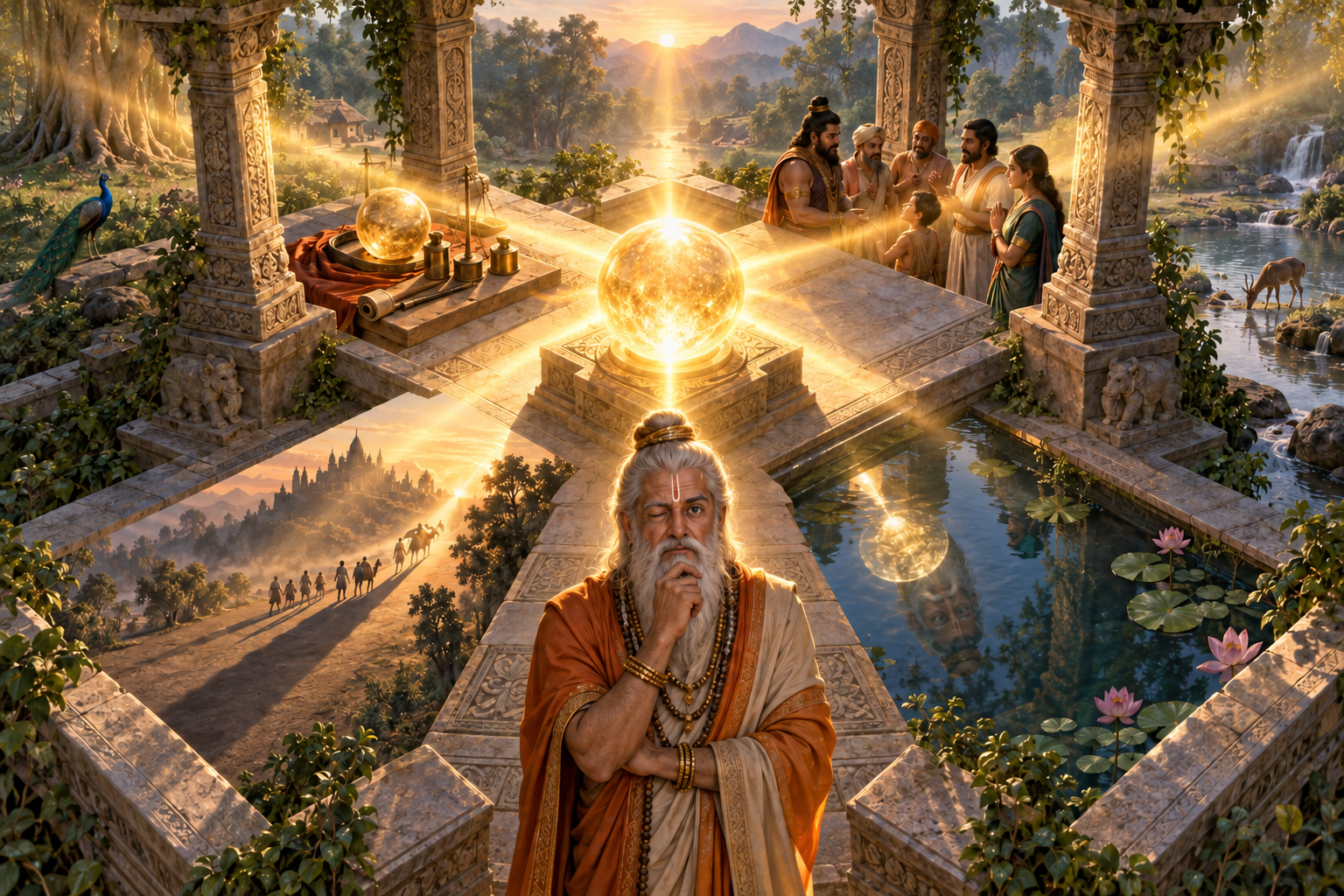 A one-eyed mythic adviser examines a glowing orb in a four-sided pavilion, where people, a long shadow, and a water reflection reveal different aspects of it.