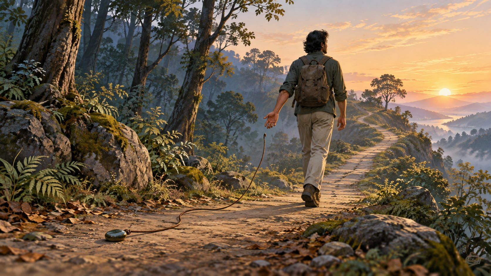 A traveler walks up a dawn-lit forest path as a loose cord falls away from an object behind them.