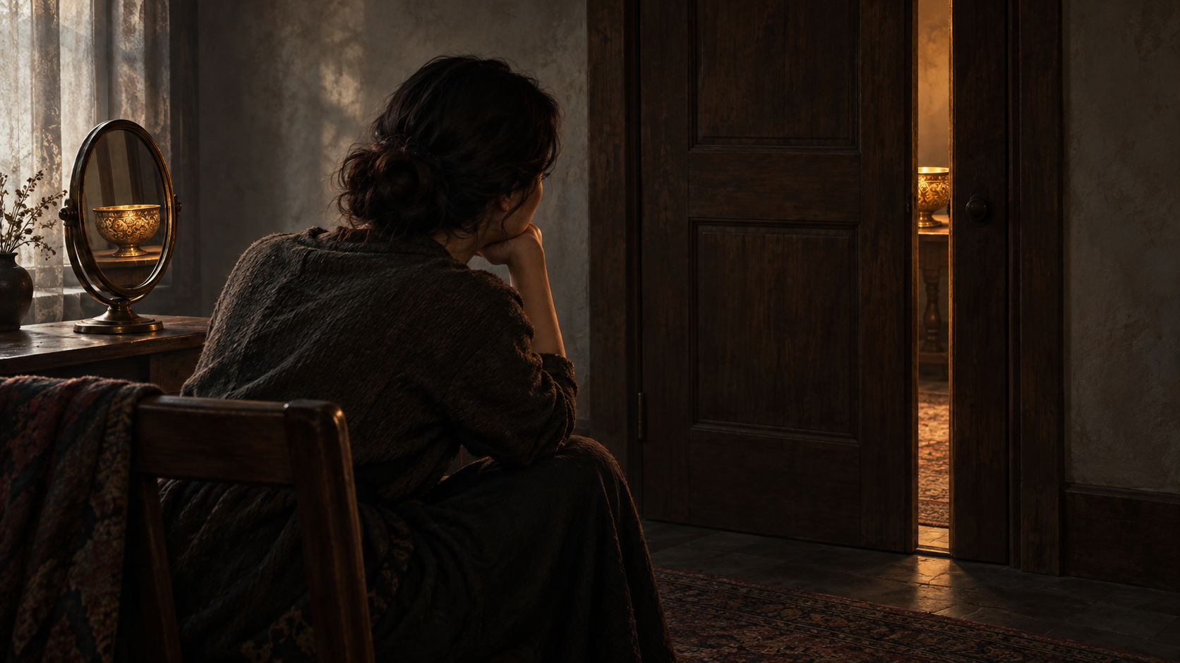 A seated person remains focused on the reflection of a bowl that has been placed behind a nearly closed door.