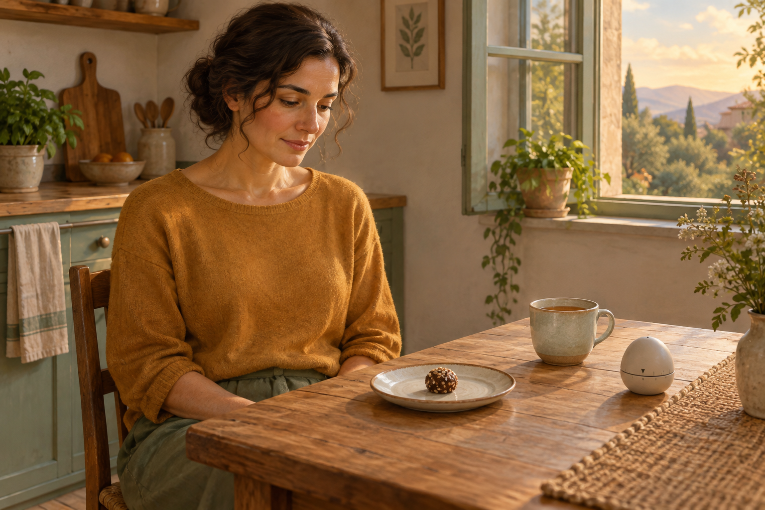 A person sits calmly at a kitchen table and pauses before taking a single sweet from a plate.