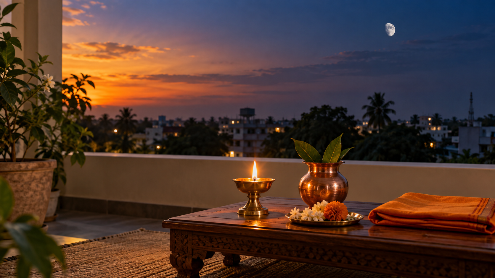 A brass oil lamp, copper vessel, flowers, and folded saffron cloth arranged on a veranda at twilight beneath a waning moon.