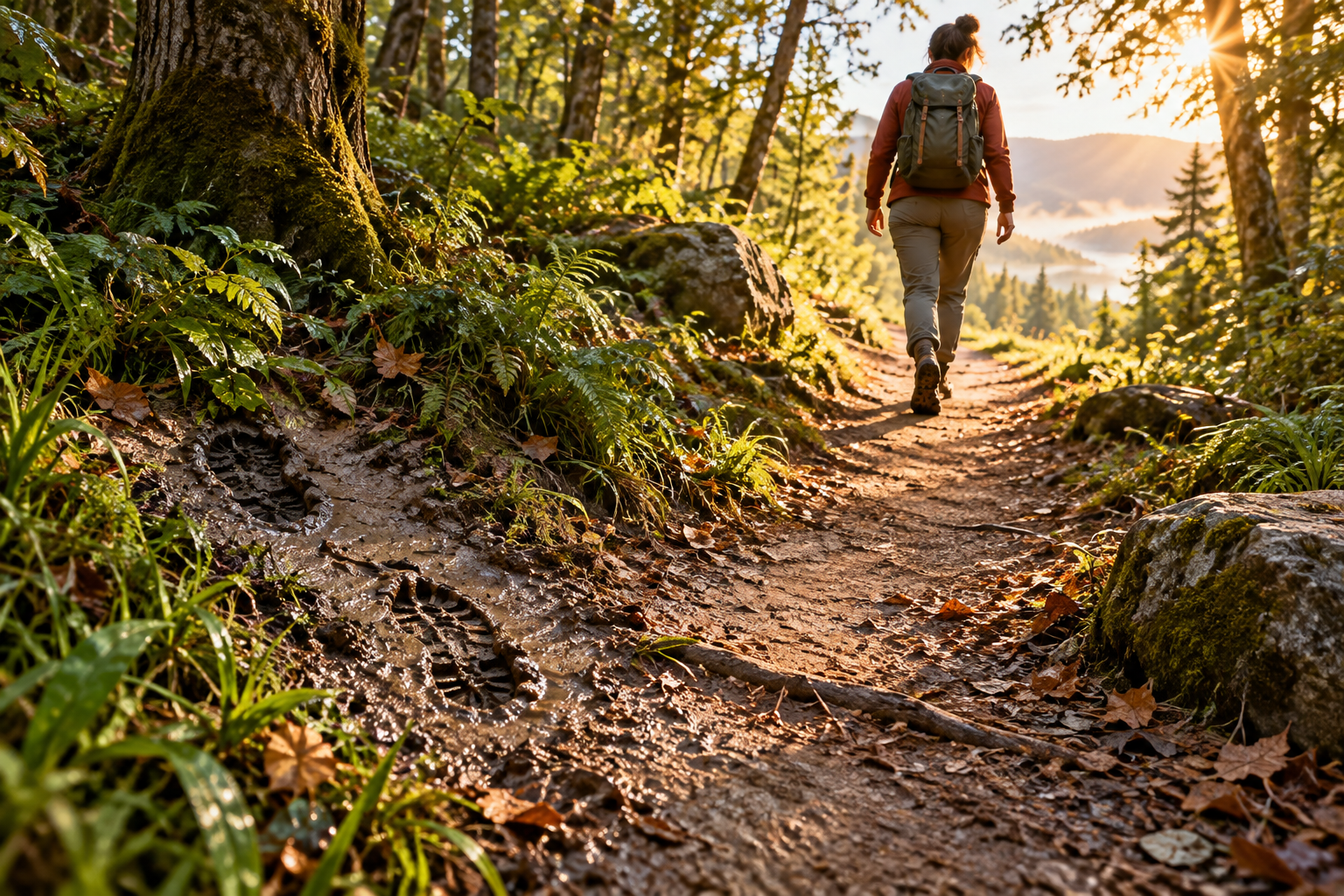 A walker turns from a muddy patch and steps back onto a sunlit woodland path.