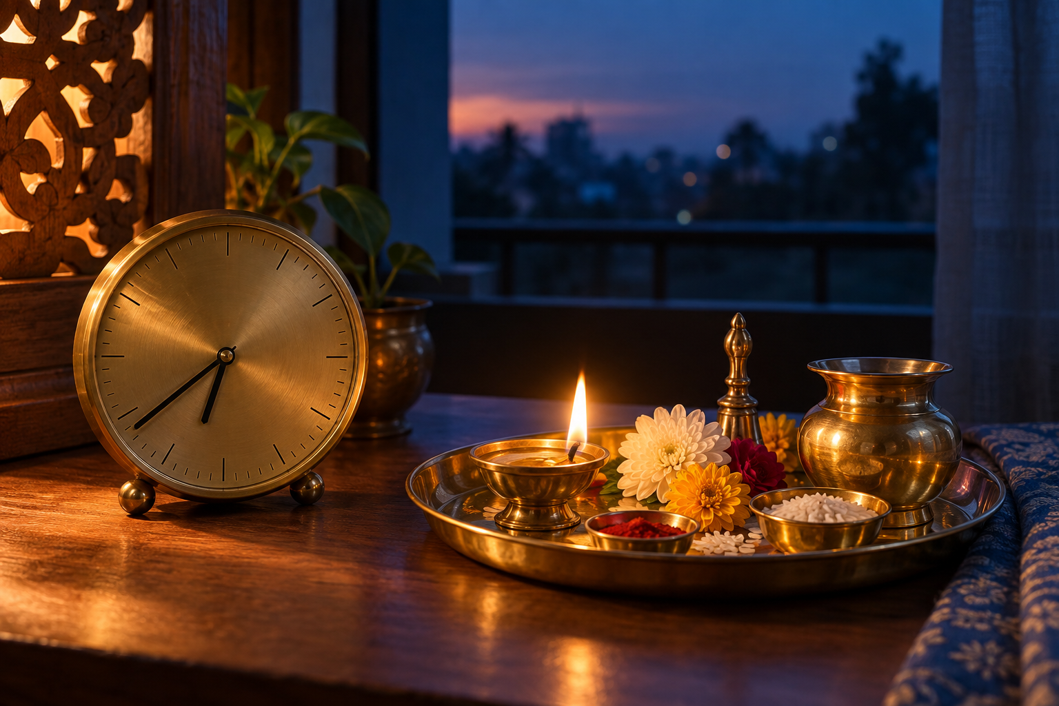 An unnumbered brass clock beside a prepared puja tray as sunset light gives way to blue evening light.