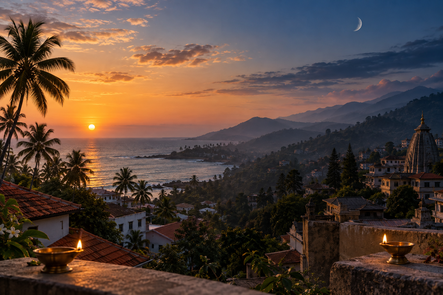 Two connected evening landscapes show a coastal Indian neighborhood and an inland hill town, each with a brass oil lamp in the foreground.