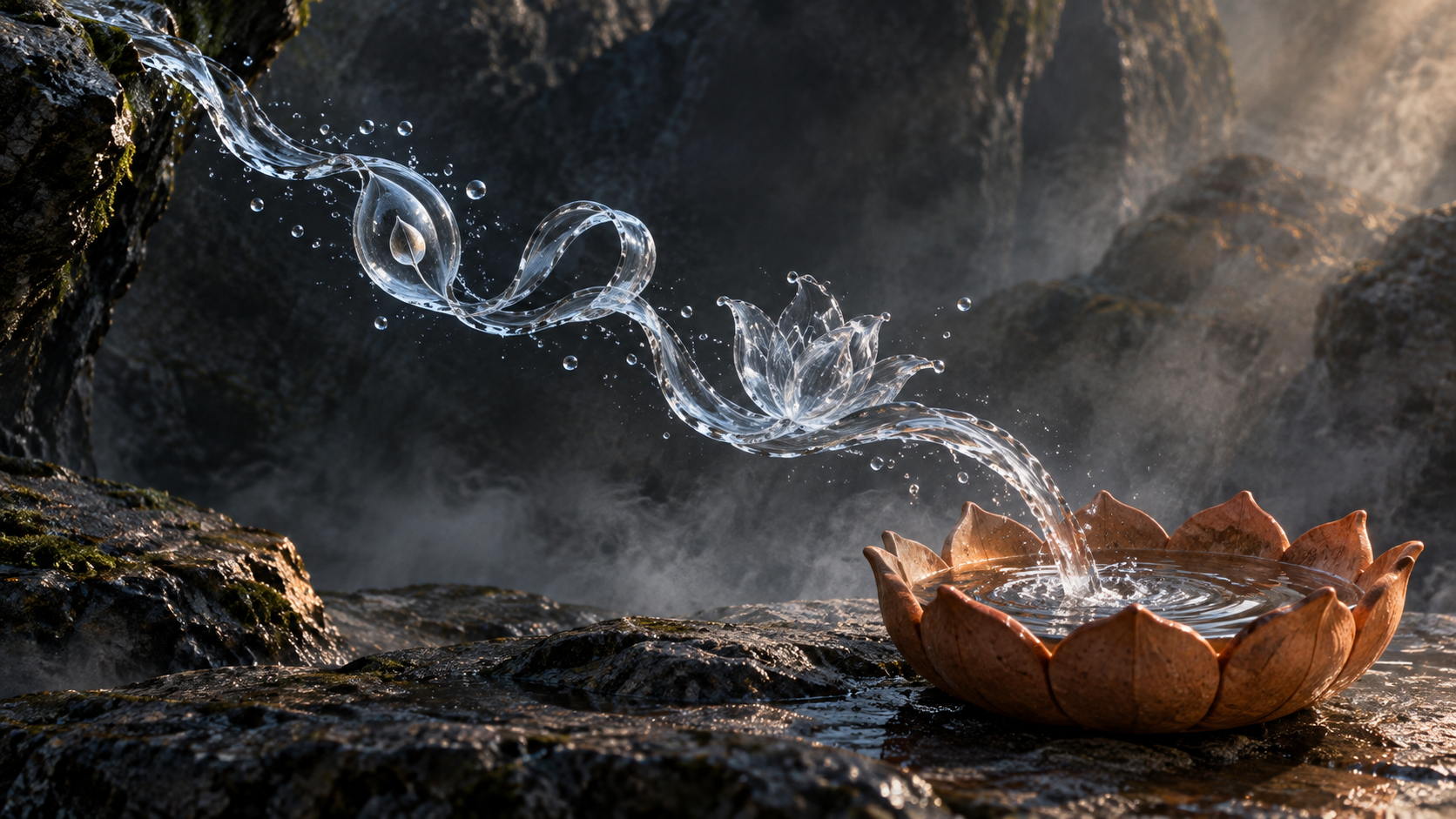 A flowing stream curls across dark stone and gathers in a lotus-shaped terracotta vessel, with flowerlike and ribbonlike forms appearing in the moving water.