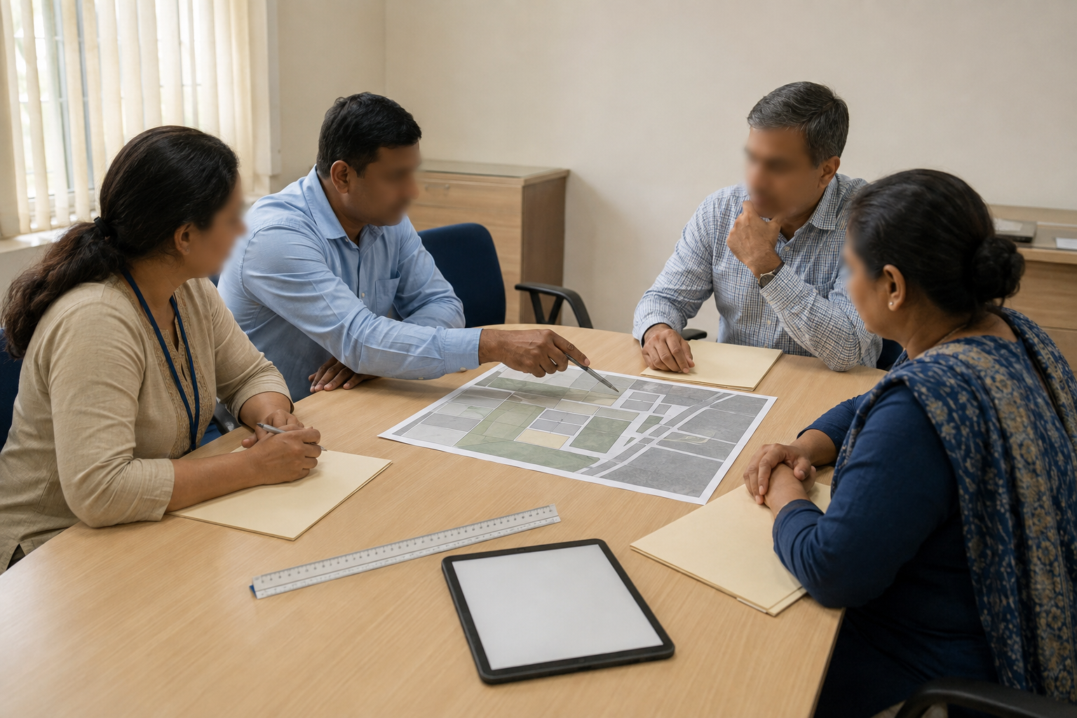 Anonymous public officials examine an unlabeled site diagram and blank records during a fact-finding meeting.