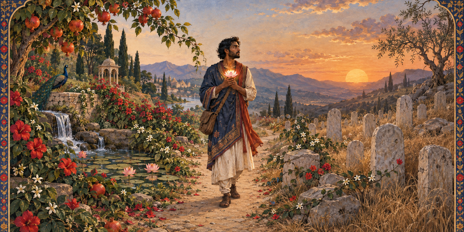 A traveler holding a glowing lotus stands on a path between a flowering garden and a quiet field of stones at sunset.