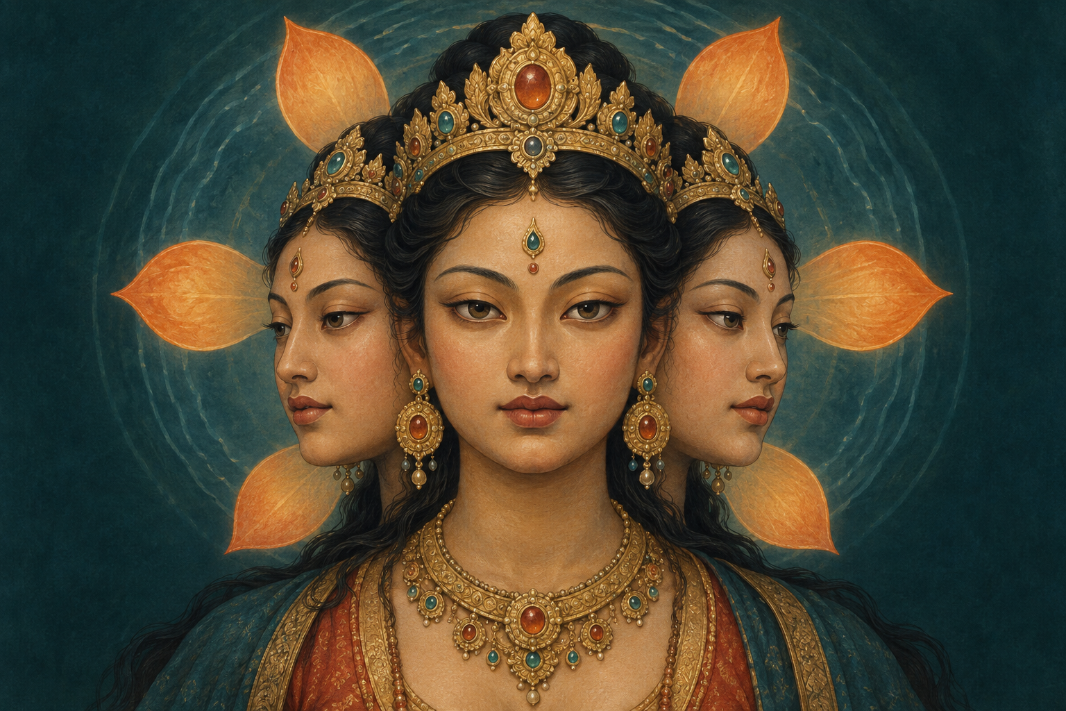 A crowned goddess has one forward-facing face and two adjoining faces turned to either side, with watery ripples and six orange petals behind her.