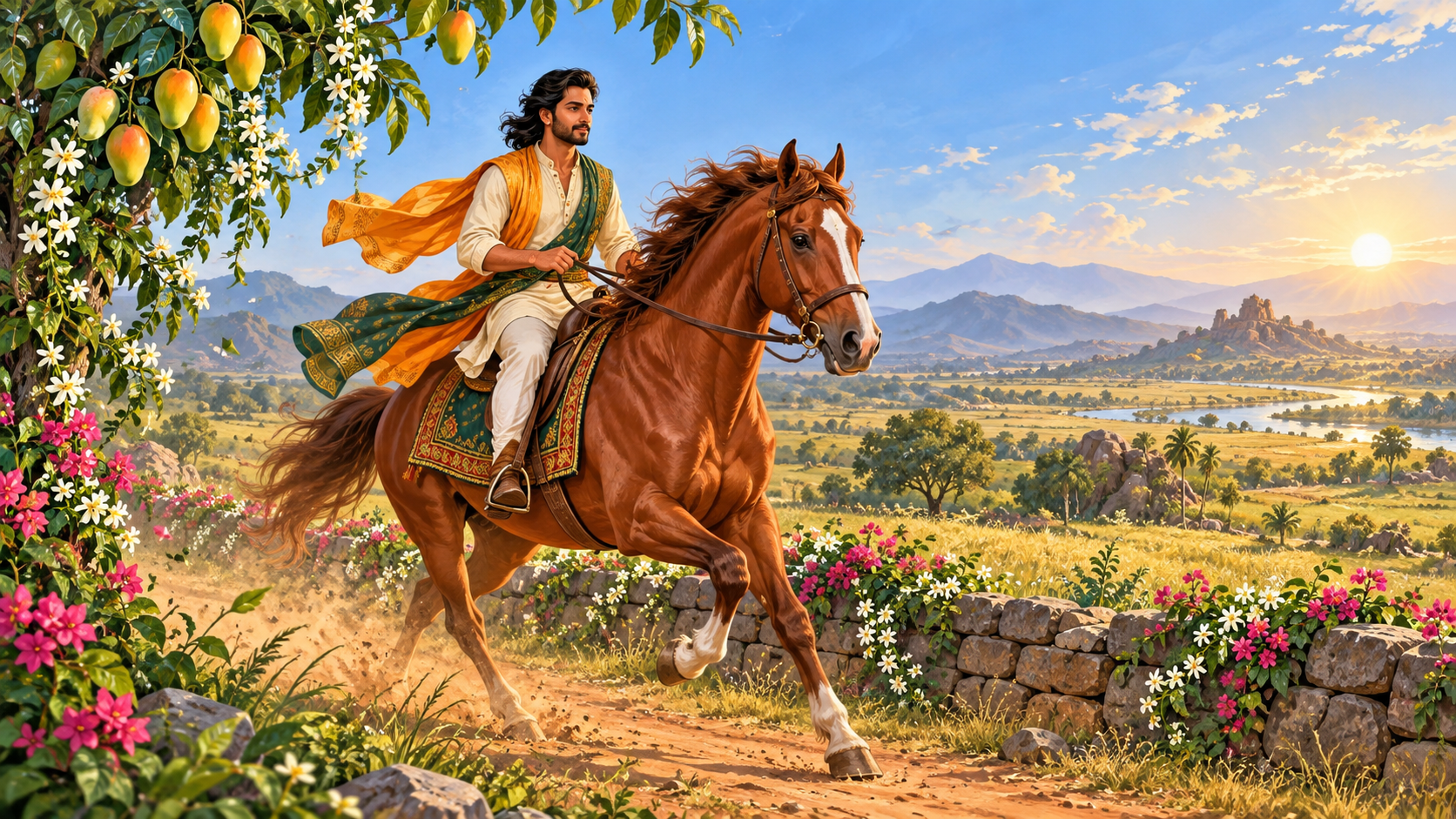 A calm rider guides an energetic chestnut horse along a path bordered by flowers, fruit, and low stones.