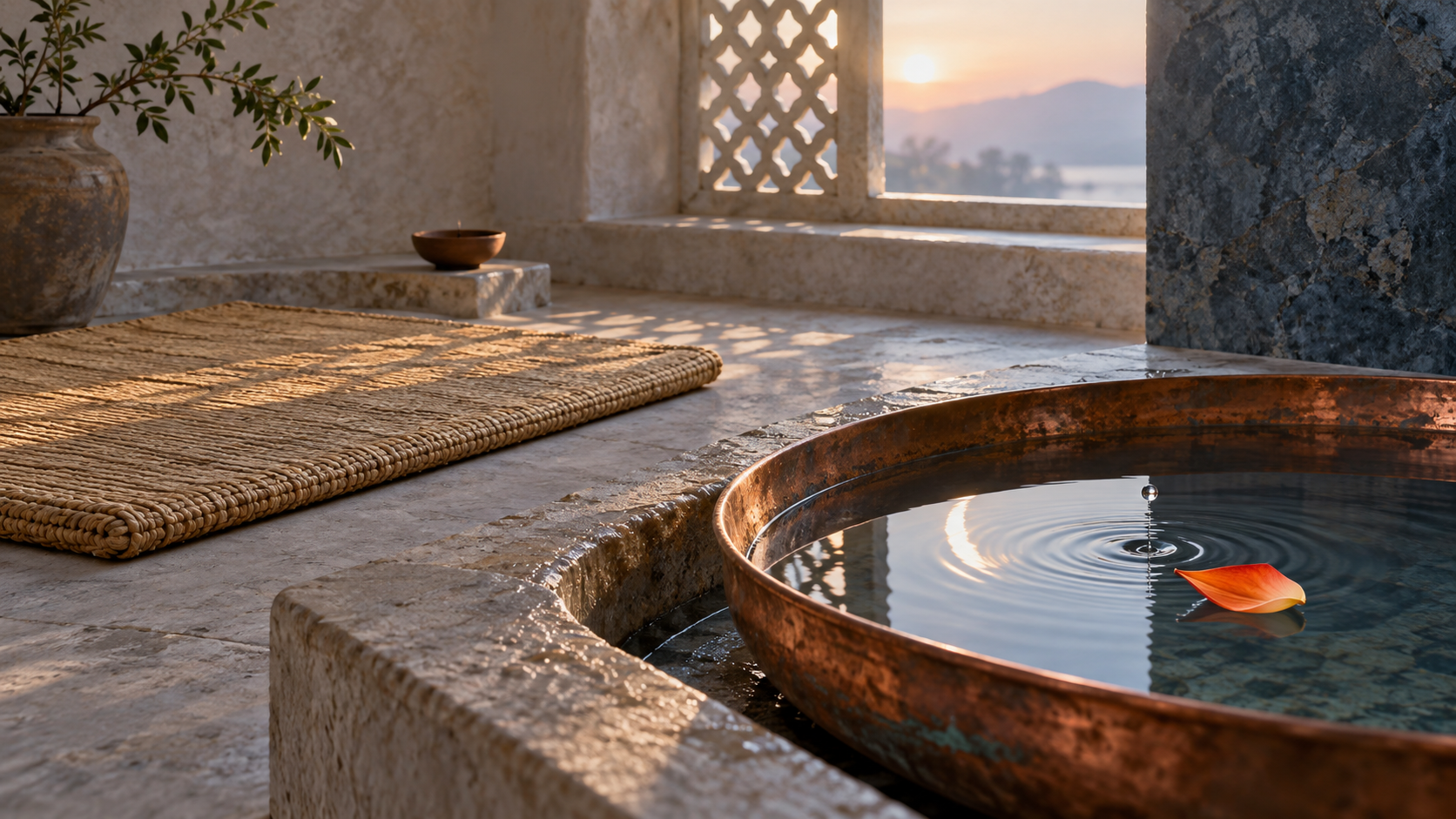 An empty woven meditation mat faces a copper bowl of water holding one orange petal, while dawn light and a crescent-shaped reflection fall across the scene.