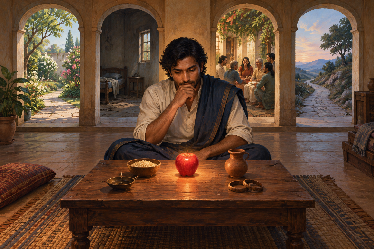 A seated person considers a glowing red fruit on a low table surrounded by a lamp, grain bowl, water vessel, and paired bracelets.