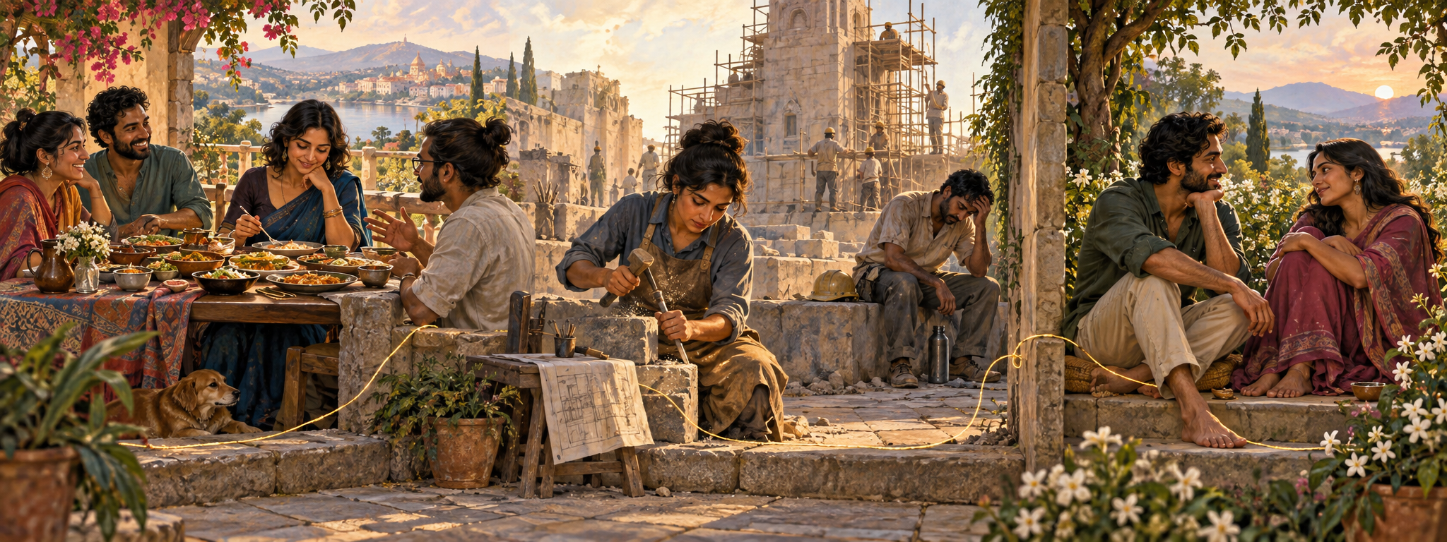 Three connected scenes show friends sharing a meal, artisans working beside an unfinished structure, and two partners sitting in a garden.