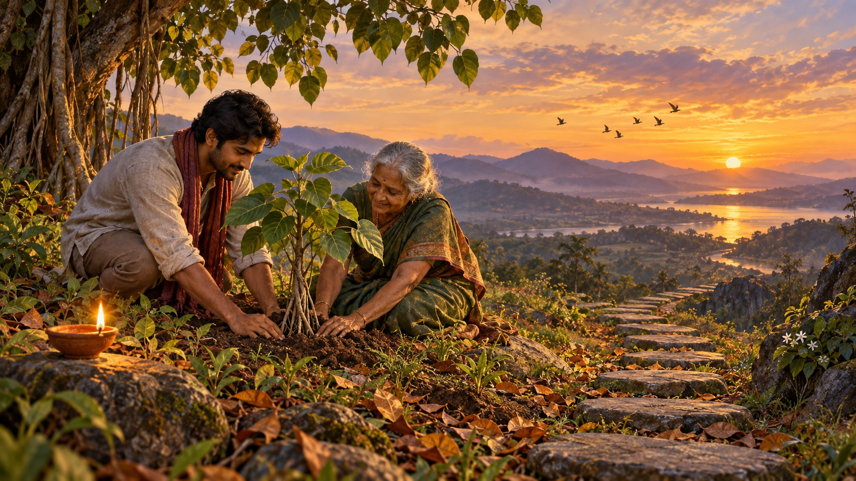An adult and an older relative plant a young banyan sapling beside a clay lamp and stepping stones at sunset.