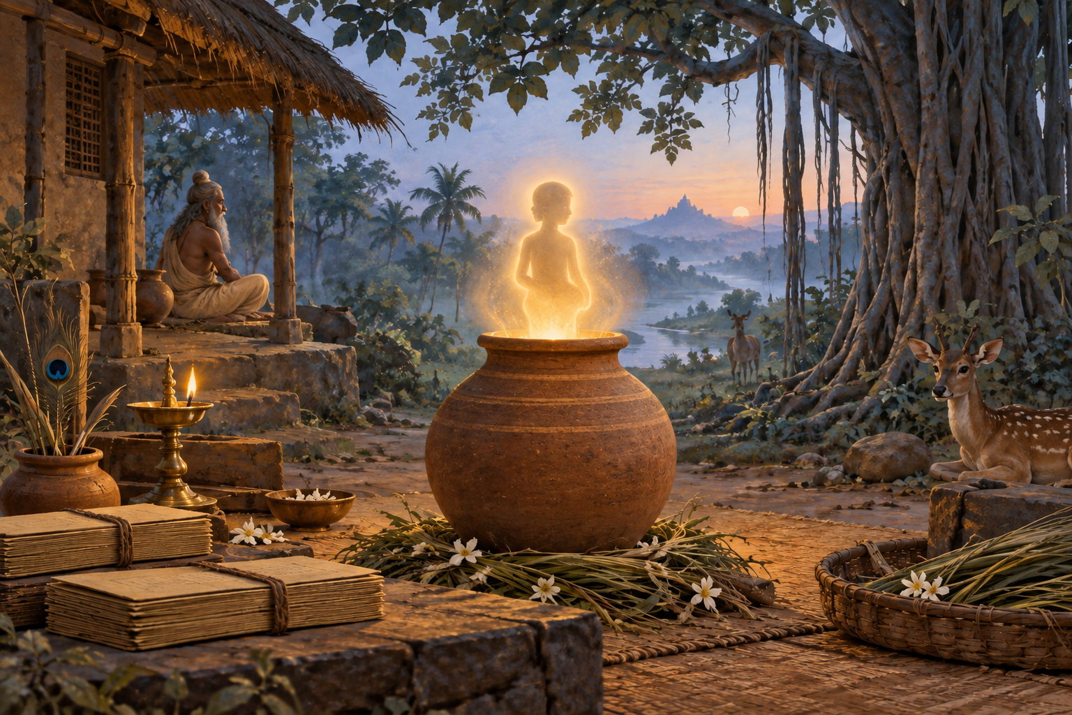 A softly glowing earthen vessel beside palm-leaf manuscripts and an oil lamp in a forest hermitage, with a subtle human silhouette in the light above it.