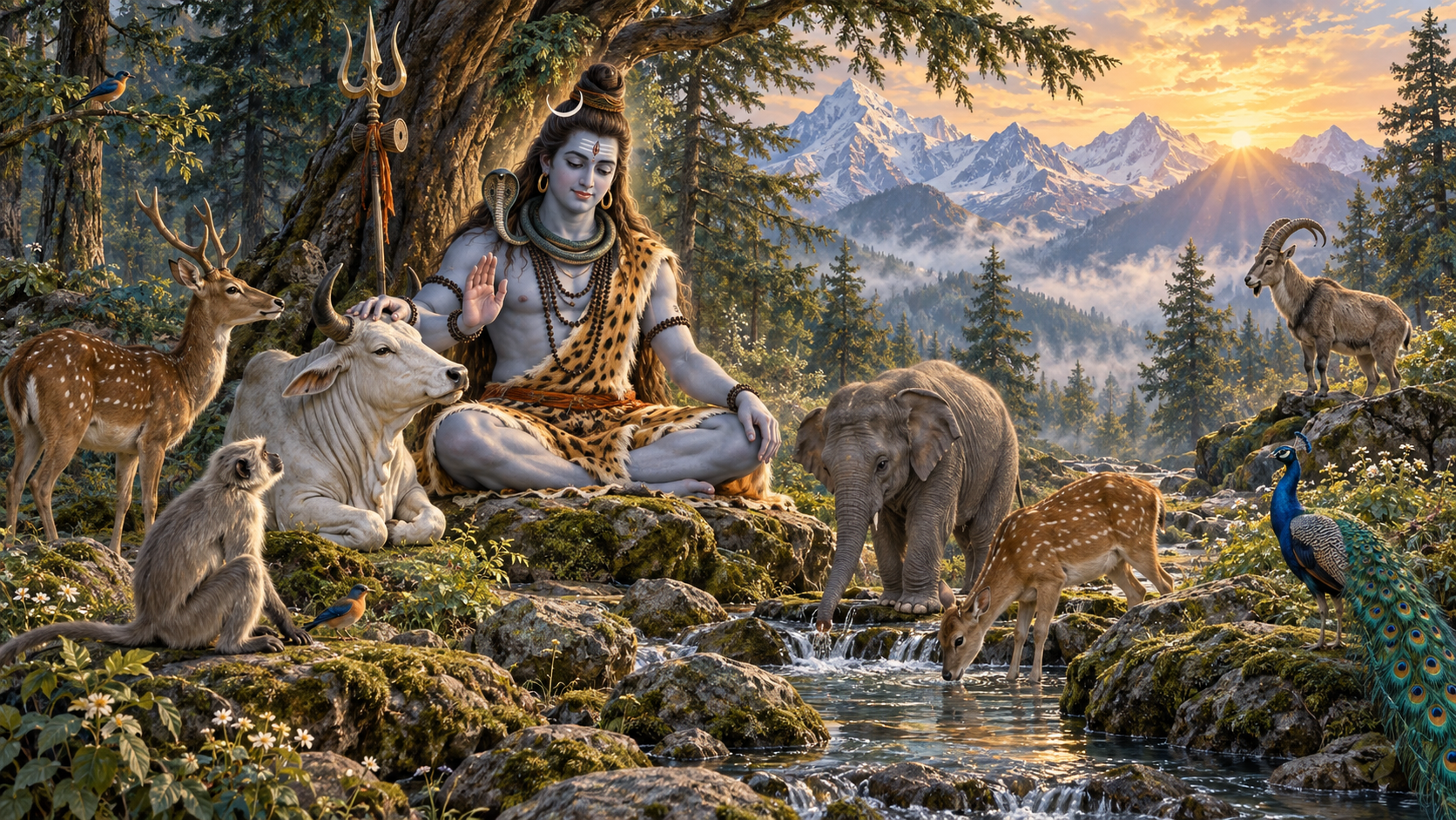 Shiva sits peacefully in a Himalayan forest surrounded by a bull, deer, monkey, elephant calf, goat, peacock, and birds at sunrise.