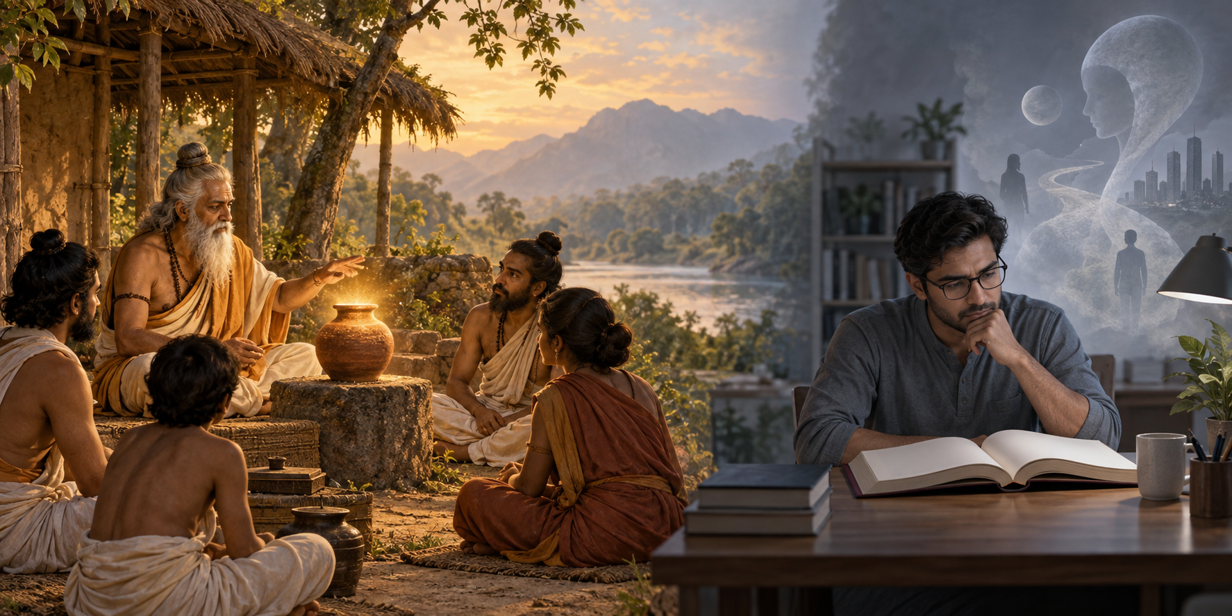 An ancient storyteller presents a glowing clay vessel while, in a separate modern setting, a reader studies an open book.