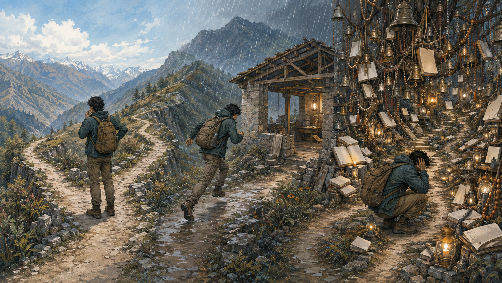 Three moments along one mountain path show a traveler calmly considering a fork, running from light rain, and crouching beneath a dense cluster of spiritual objects.