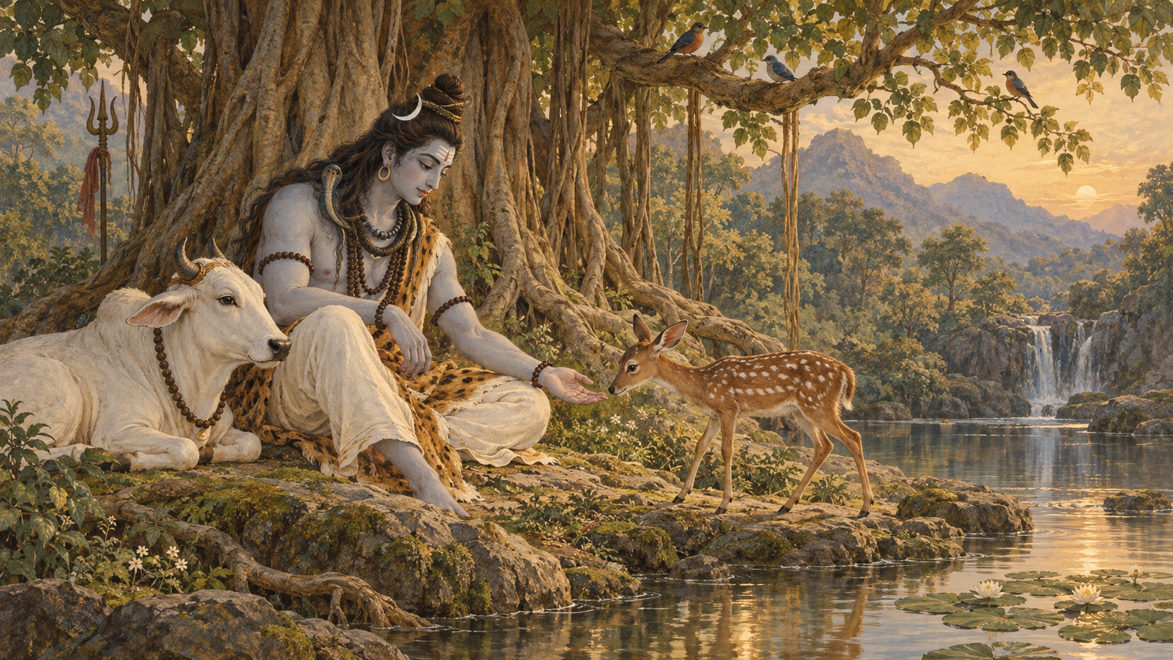 Shiva extends an open hand toward a deer beneath a banyan tree while a bull rests nearby and birds gather above a forest pool.