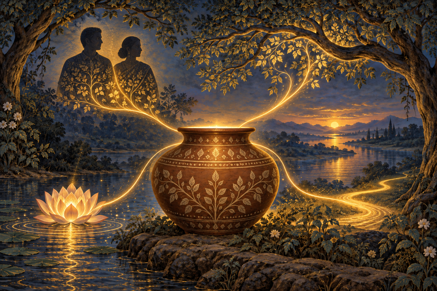A luminous earthen vessel in a riverside grove is surrounded by ancestral silhouettes, protective branches, a lotus, and a glowing path.