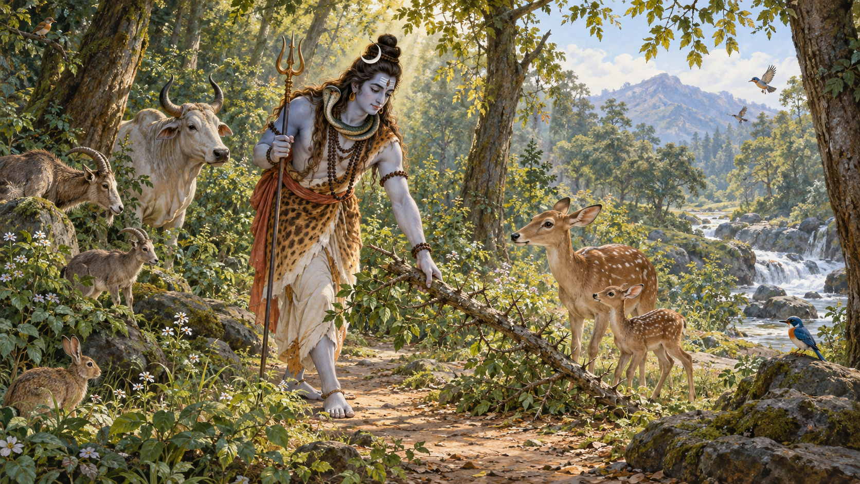 Shiva, carrying a trident and wearing rudraksha beads, moves a thorny branch away from a doe and fawn as other animals cross a woodland clearing.