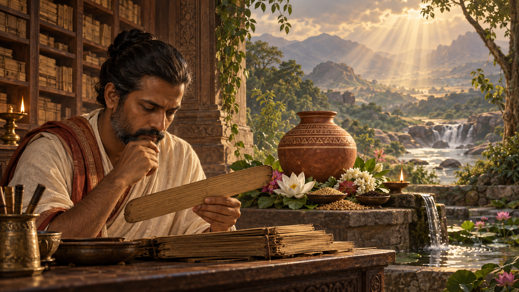A scholar, a ceremonial vessel with natural symbols, and celestial light occupy three connected layers of one scene.