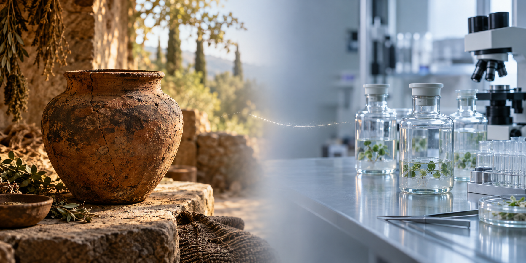 A handmade clay vessel in a forest hermitage is separated by empty space from modern glassware and laboratory instruments.