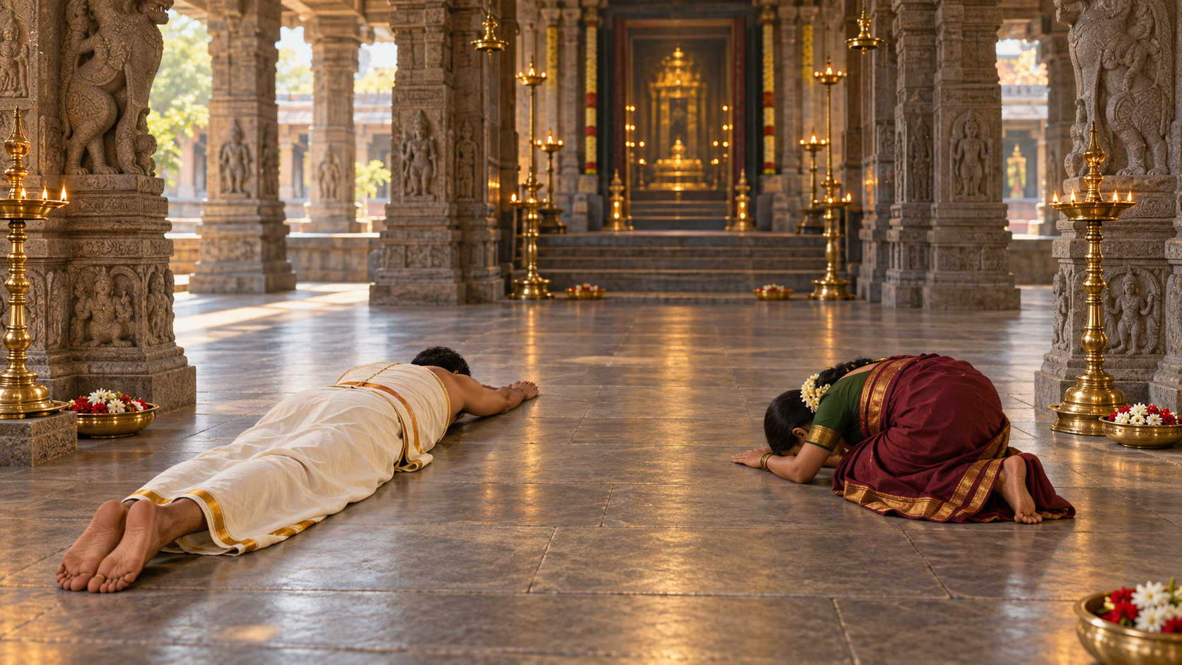 A man in a fully extended prostration and a woman in a kneeling forward bow worship in a softly lit Hindu temple hall.