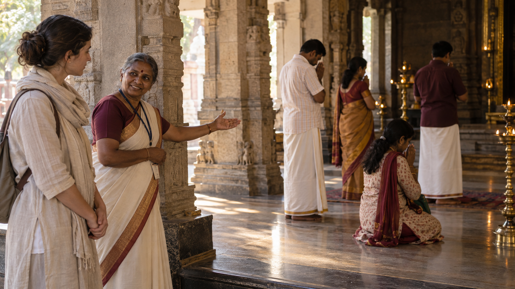 A temple visitor observes worshippers while a volunteer gently indicates where to stand in the prayer hall.