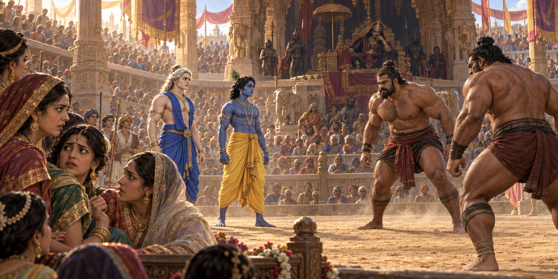 Krishna and Balarama face two much larger wrestlers in Kamsa's crowded arena while concerned women watch from the assembly.